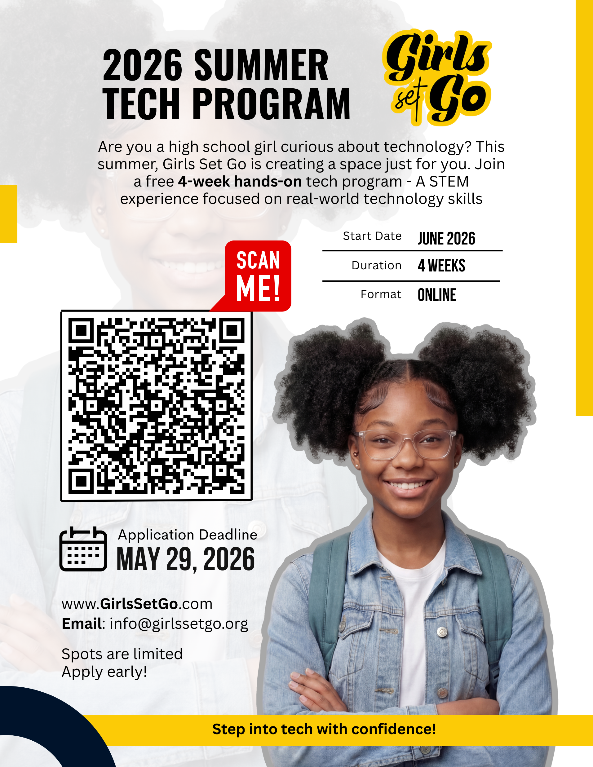 Girls Set Go 2026 Free Summer Tech Program flyer featuring a smiling Black high school girl with natural hair and glasses. Flyer includes application deadline of May 29, 2026, QR code to apply, and program details including a 4-week online STEM experience starting June 2026.